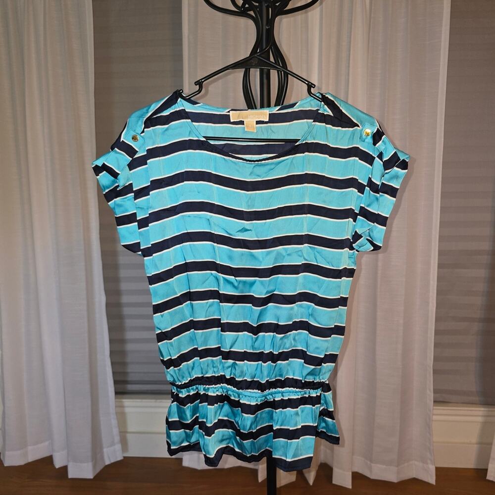MICHAEL Michael Kors Blue and Dark Blue Striped Short Sleeve Top